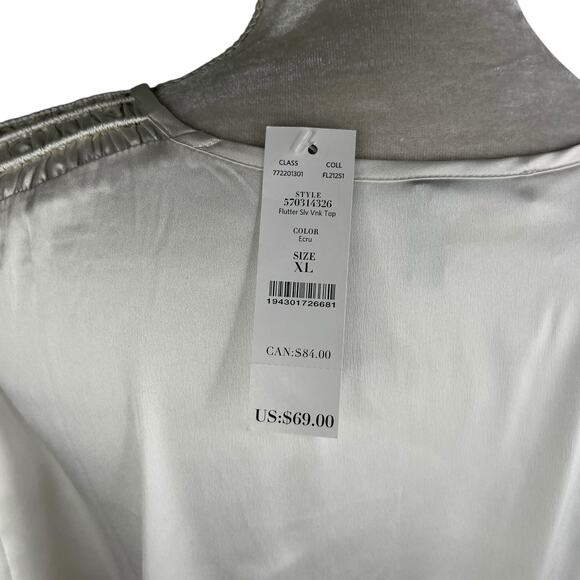 White House Black Market Flutter Sleeve V-Neck Top Ecru XL Satin New - Picture 11 of 12